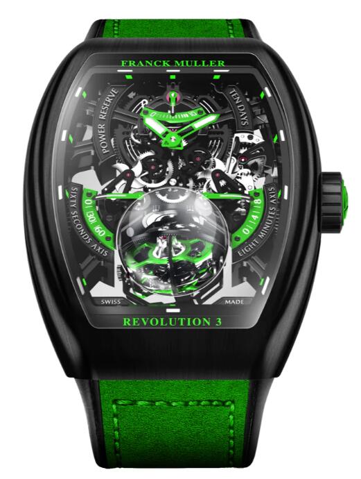 FRANCK MULLER Vanguard Revolution 3 Skeleton Brushed Black Titanium - Green V50 REV 3 PR SQT NRBR (VR) Replica Watch